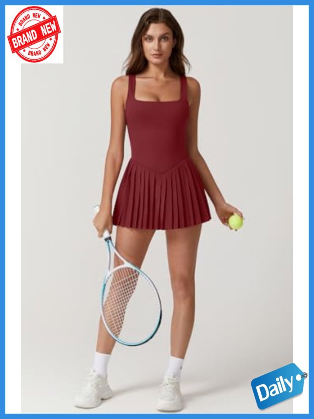 Women's Sleeveless Square Neck Pleated Tennis Dress with Built-in Shorts, - Picture 5 of 5